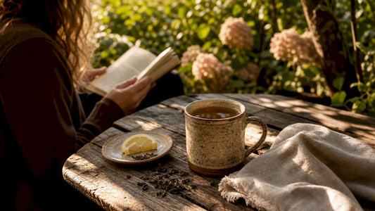 Rustic stoneware mug on wooden table with coffee