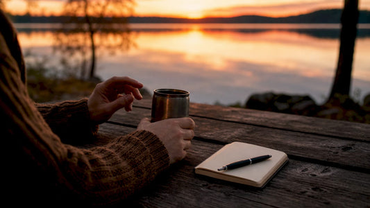 Hand holding travel mug outdoors on picnic table