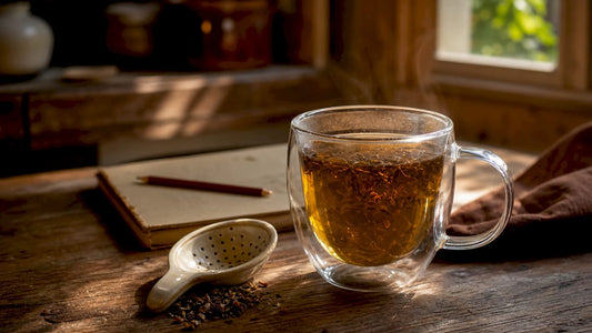Close-up of double wall glass coffee mug on wooden counter