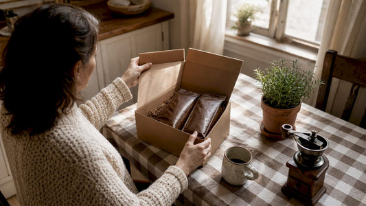Woman unpacking fresh coffee subscription box