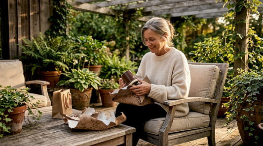 Woman unwrapping birthday coffee mug gift