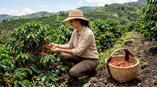 Agronomist examining coffee cherries on hillside farm
