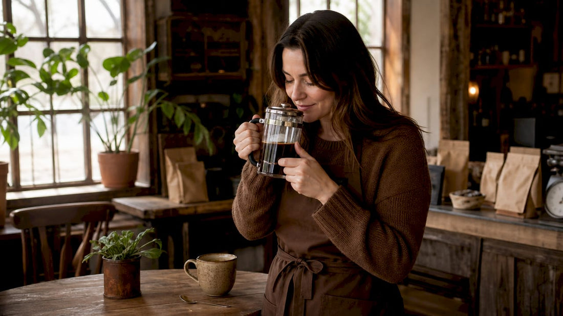 Woman enjoying aroma of freshly brewed coffee