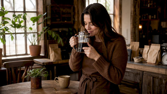 Woman enjoying aroma of freshly brewed coffee