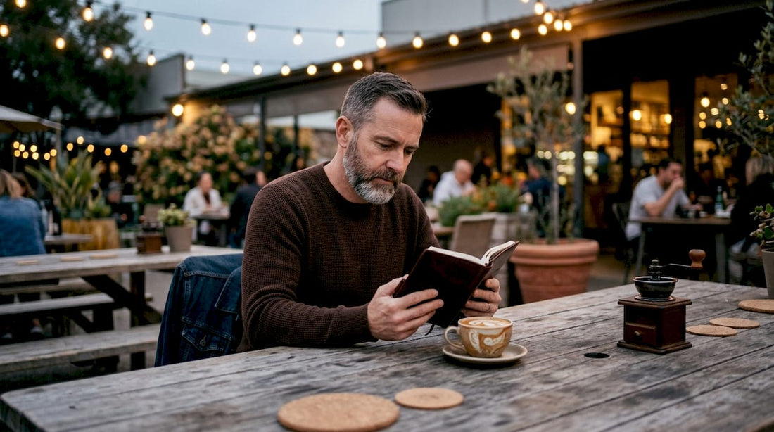 Man reading in historic Middle Eastern coffeehouse