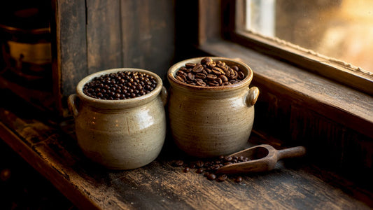 Close-up of Robusta and Arabica coffee beans in bowls