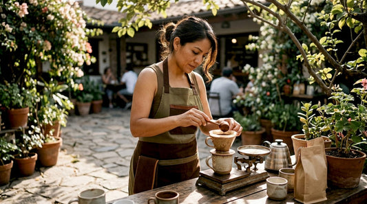 Barista preparing pour-over coffee in artisanal shop