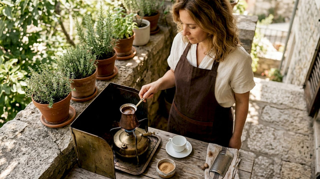 Woman brewing Turkish coffee in home kitchen
