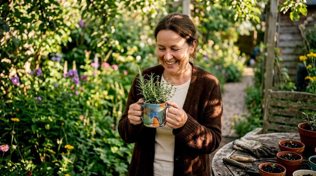Woman inspecting a repurposed coffee mug planter