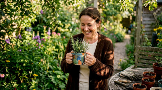 Woman inspecting a repurposed coffee mug planter