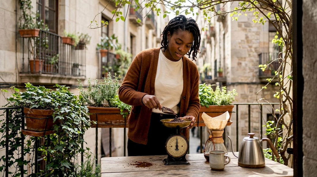 Woman measuring coffee beans in bright kitchen