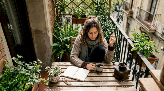 Woman holding coffee appearing jittery at kitchen table