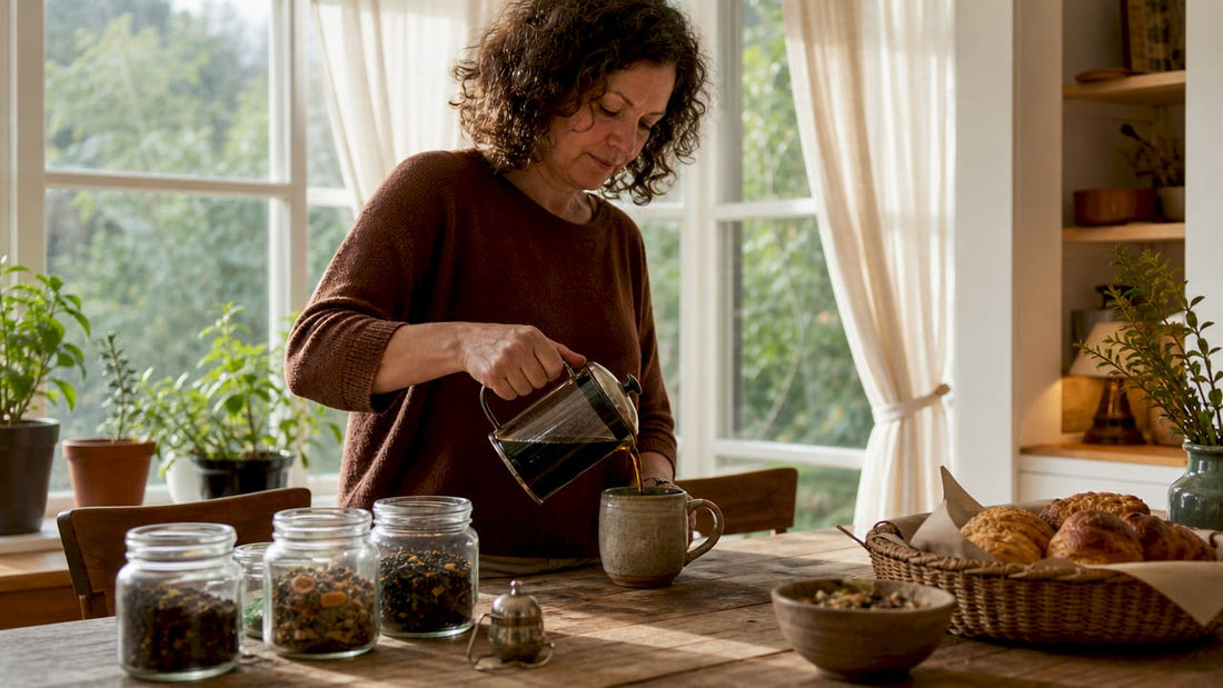 Woman preparing coffee with tea jars near kitchen window