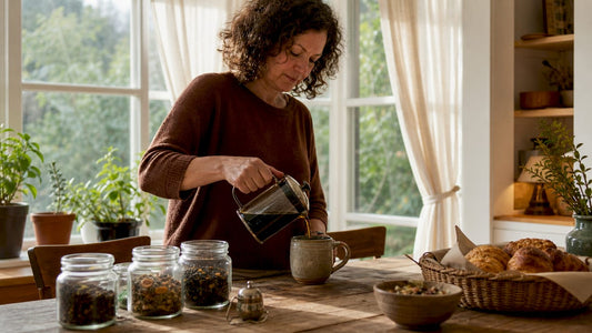 Woman preparing coffee with tea jars near kitchen window