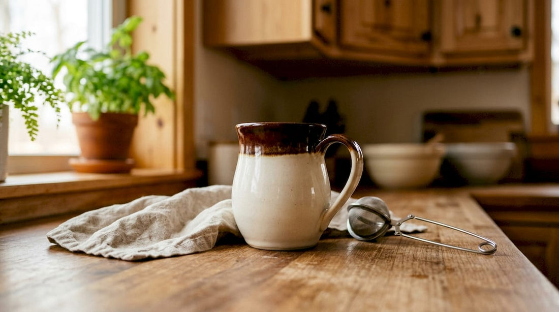 White porcelain mug on wooden table in natural light