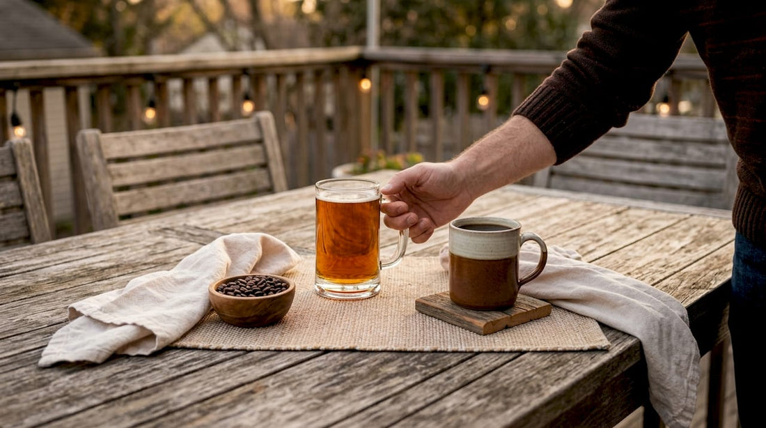 Pint mugs holding beer and coffee on wooden counter