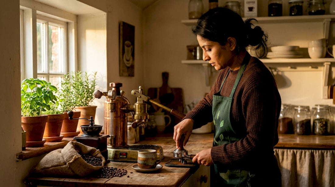 Woman preparing espresso in home kitchen