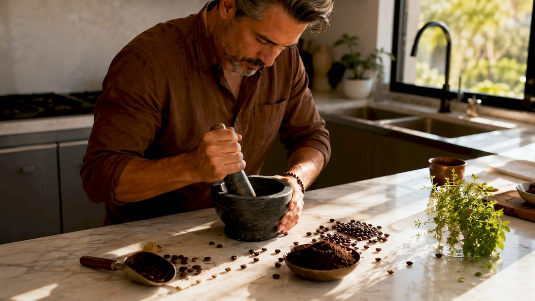 Man grinding coffee beans manually in kitchen