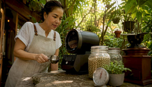 Home coffee roasting setup with woman listening for second crack