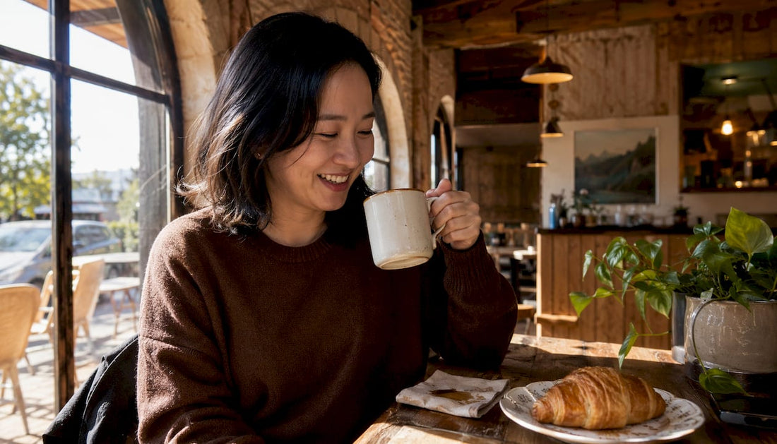 Woman enjoying coffee from funny mug in kitchen