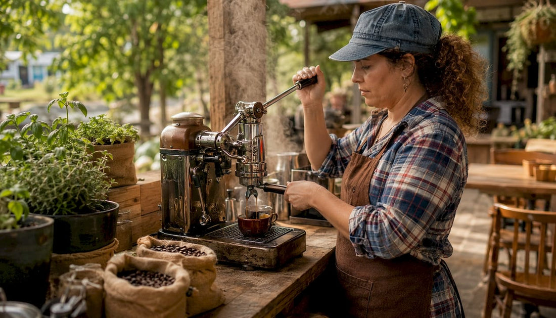 Barista pulling espresso with visible crema forming