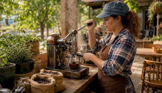 Barista pulling espresso with visible crema forming