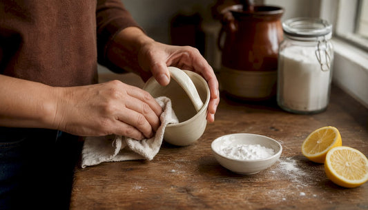Hands scrubbing coffee mug with baking soda