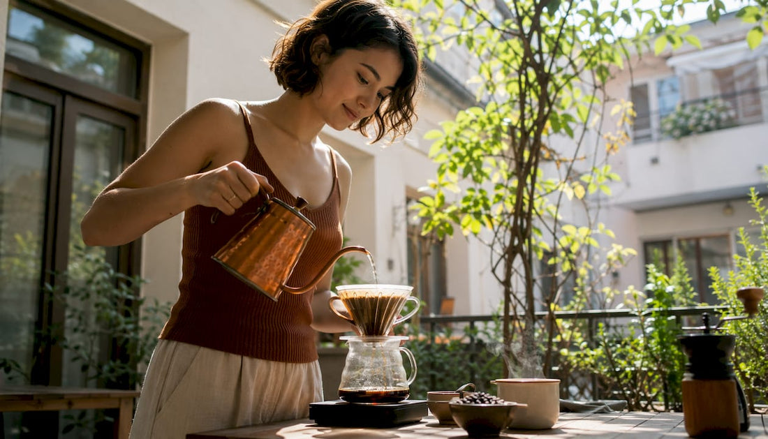 Woman pouring coffee at home kitchen counter