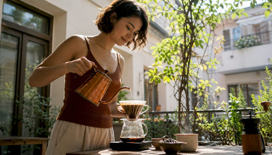 Woman pouring coffee at home kitchen counter