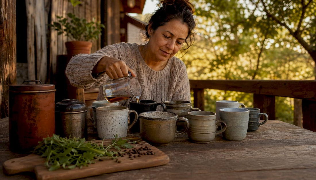 Woman comparing mug capacities on kitchen counter