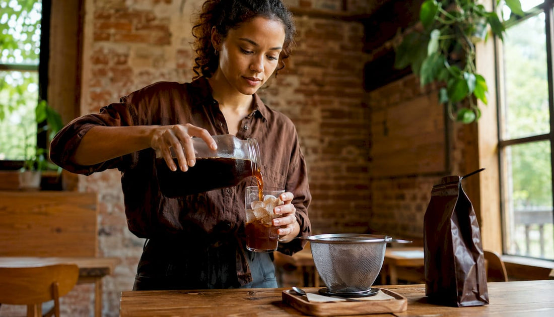 Woman pouring cold brew coffee over ice in kitchen