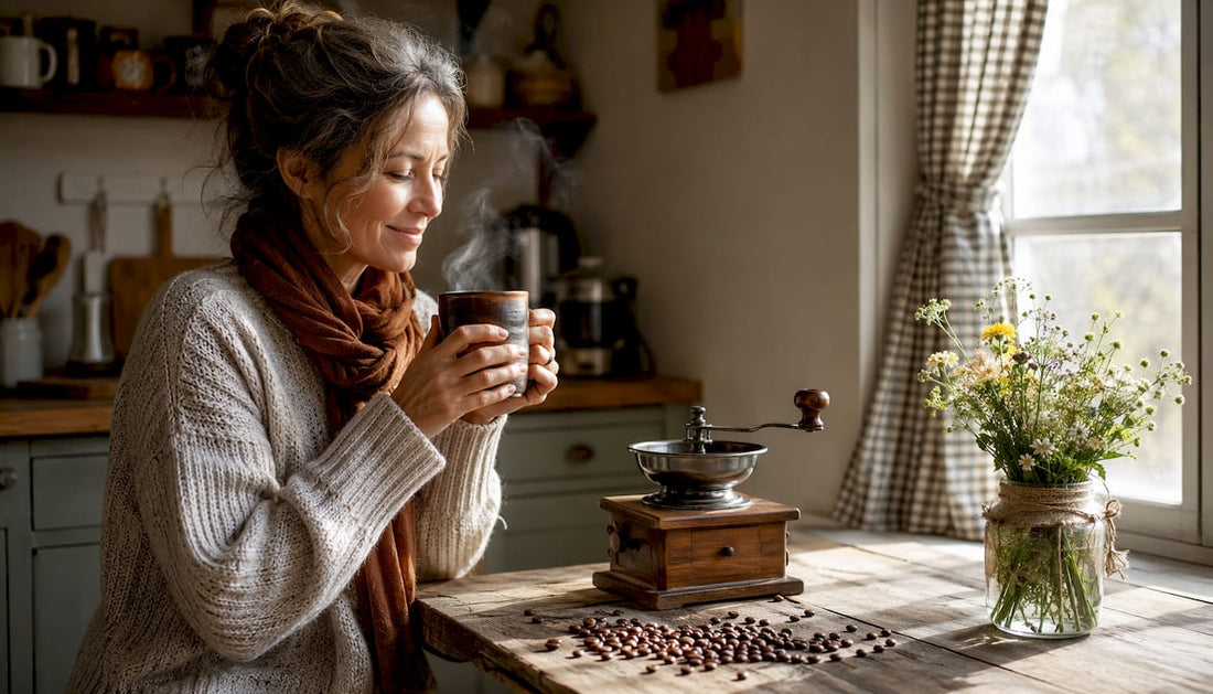 Woman holding ceramic coffee mug in kitchen