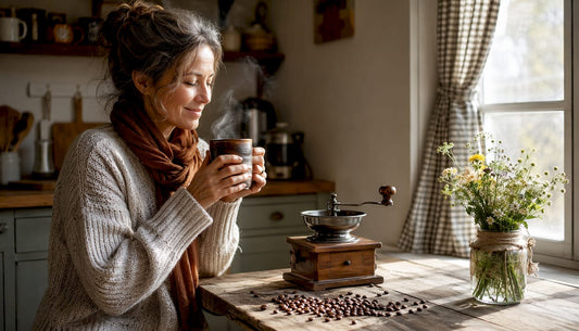 Woman holding ceramic coffee mug in kitchen