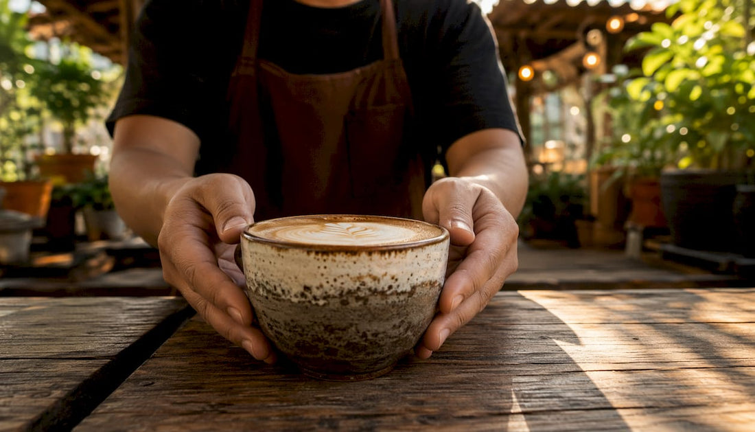 Barista presenting flat white coffee cup