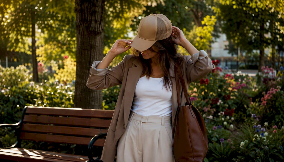 Woman styling trucker hat with casual urban outfit
