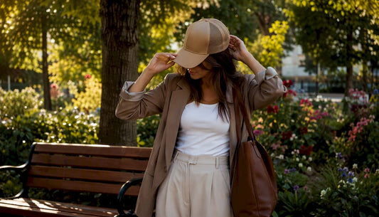 Woman styling trucker hat with casual urban outfit