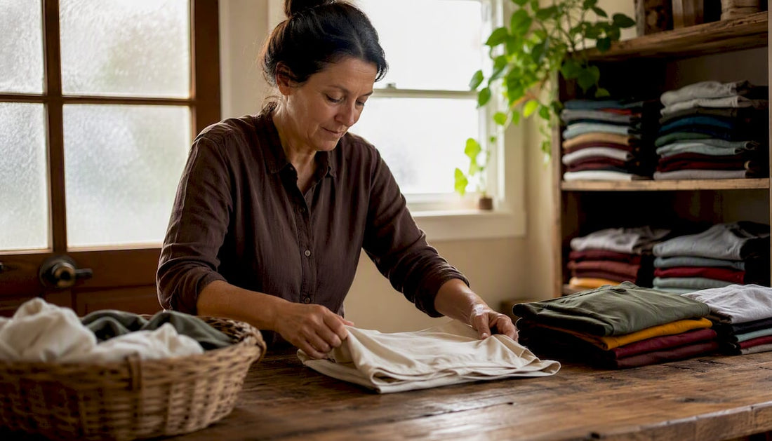 Woman folding tee shirt on bed