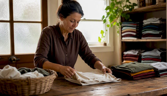 Woman folding tee shirt on bed