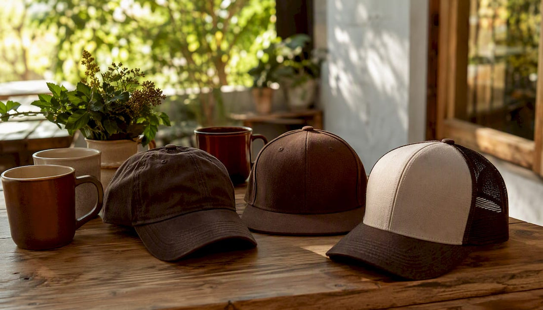 Three casual baseball caps on rustic table with coffee mugs