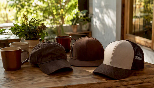 Three casual baseball caps on rustic table with coffee mugs