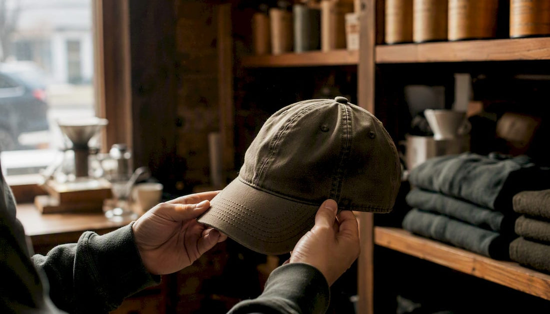 Hands holding unstructured low-profile dad hat by brim