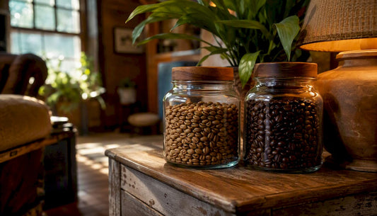 Light and dark roast coffee beans side by side
