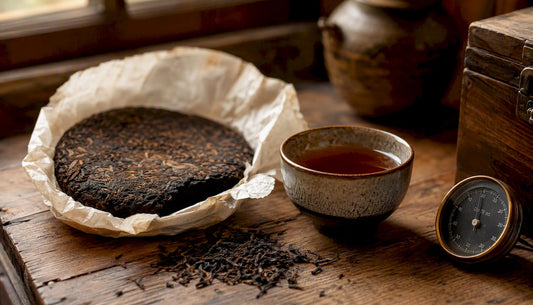 Pu-erh tea cake aging on wooden table