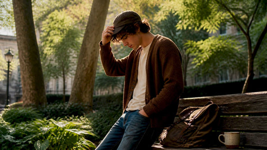 Person adjusting casual hat in urban outdoor setting