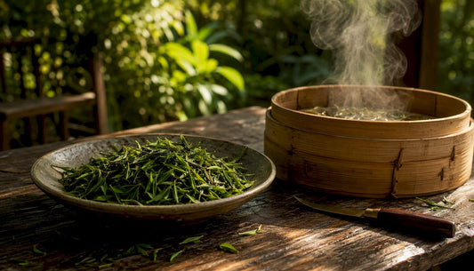 Fresh green tea leaves and steaming basket