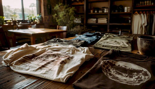 Vintage graphic tees on rustic table