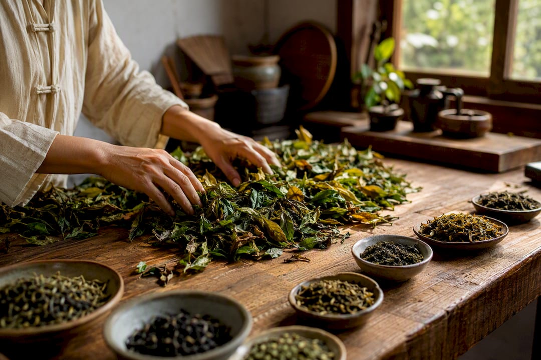 Hands bruising fresh tea leaves on rustic table
