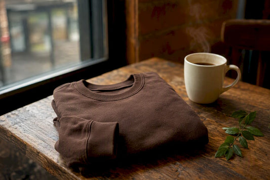 Folded pullover sweatshirt on rustic table with coffee mug