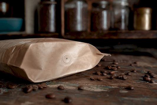 Close-up of coffee bag valve on rustic table