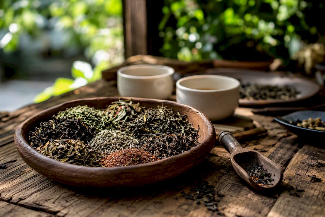 Loose leaf teas and brass spoon on wood